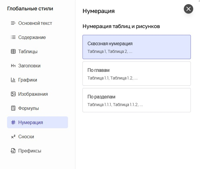 Настройка нумерации в глобальных стилях